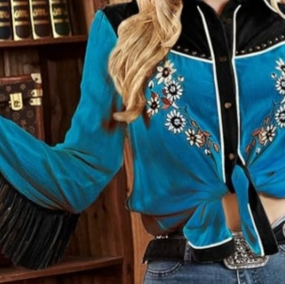John Moon Texas cowgirl XXL Button down western top with fringe.  Teal/black - Picture 9 of 16